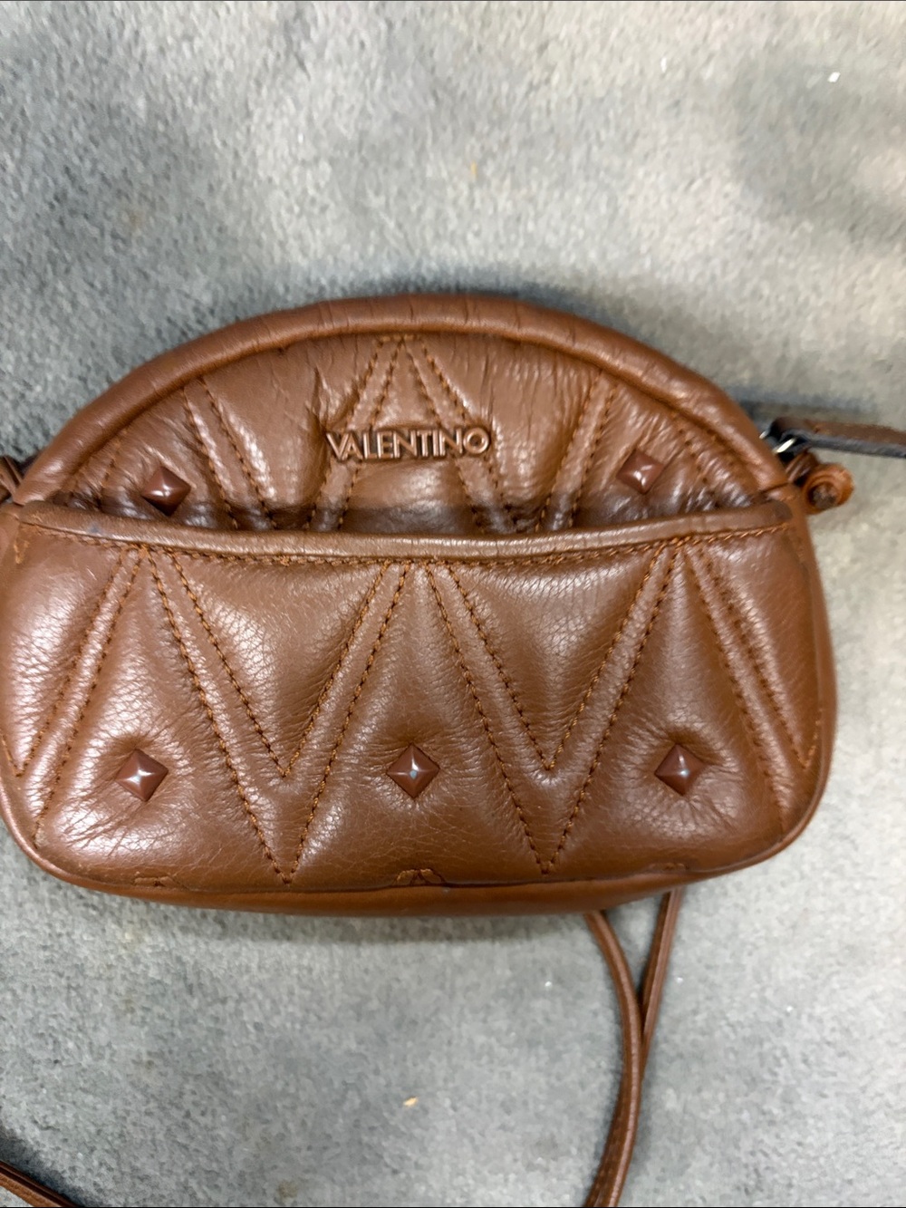Valentino Brown Quilted Leather Crossbody Pouch with Pyramid Studs
